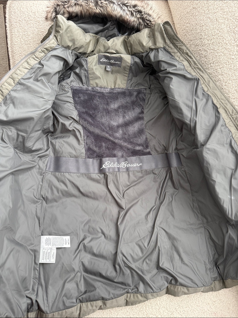 Eddie Bauer Olive Green Quilted Long Puffer Coat with Fur Hood Size M - Picture 2 of 11